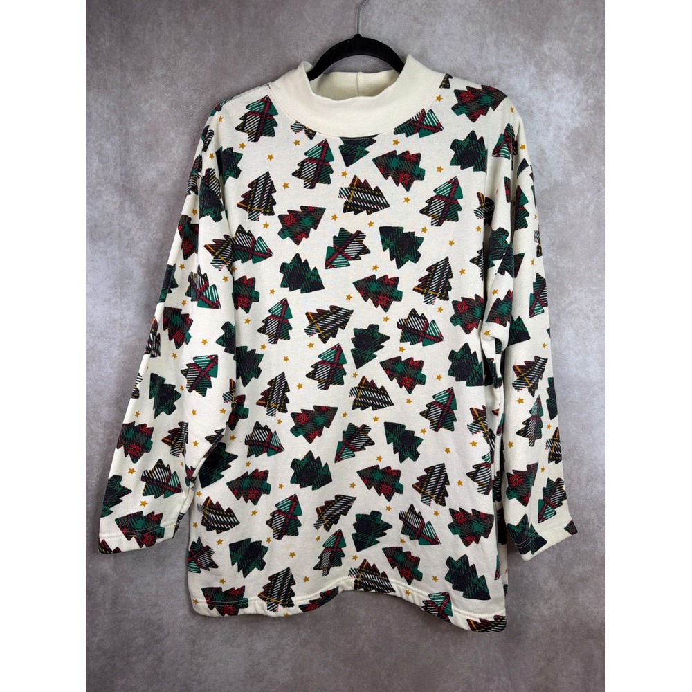 VTG 90s Bold Spirit Christmas Tree Sweatshirt Womens XL Cream Plaid Mock Neck